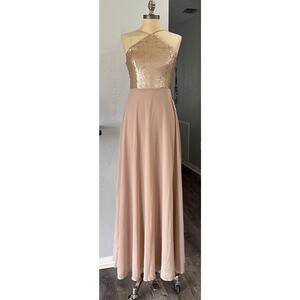 Lulus Maxi Dress XS Blush Tan Halter Sequined Top Chiffon Gown Party Bridesmaid